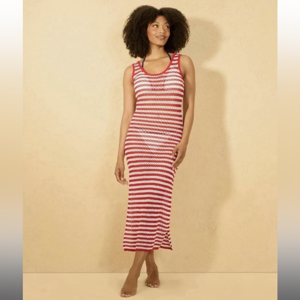 Women's Striped Crochet Midi Swim Cover Up Dress Shade & Shore  NWT